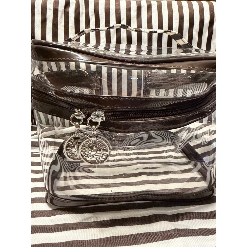 Henri Bendel Clear 3 Piece Cosmetic Case Set Brown White Striped Travel Bag